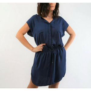 Vince Navy Blue Dress Drawstring Waist Side Pockets Cap Sleeve Shirt Dress